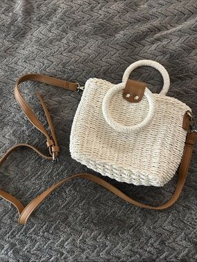 Women’s White Woven Straw Crossbody Bag with Tan Accents